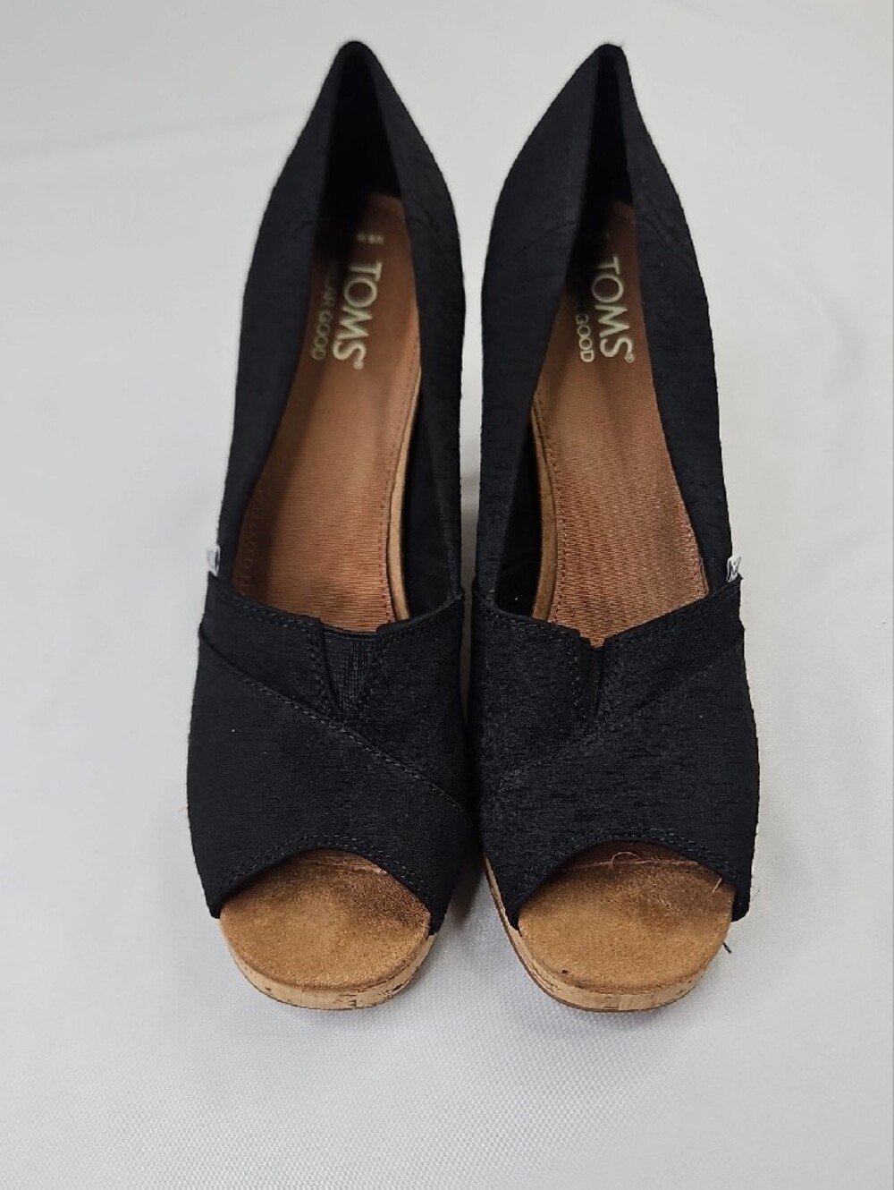 TOMS Black Cork Classic Wedge Peep-Toe Slip-On Sandal Size 9.5W - Picture 3 of 8